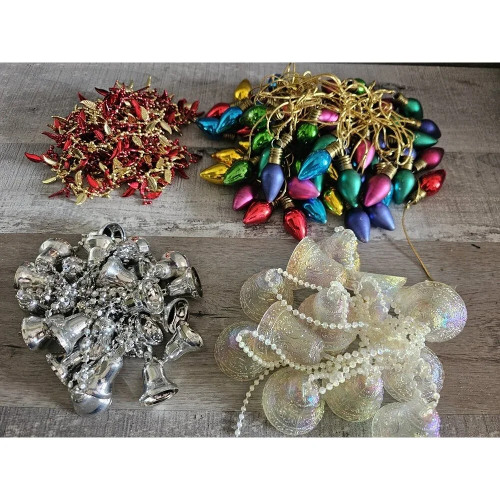Vtg Garland Mixed Lot Iridescent Bells Silver Holiday Lights Christmas G21